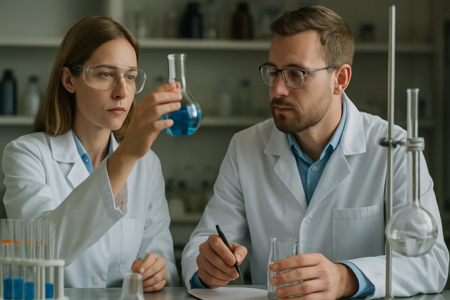 Két kémikus egy laboratóriumban, nitrogén-dioxid kísérlet