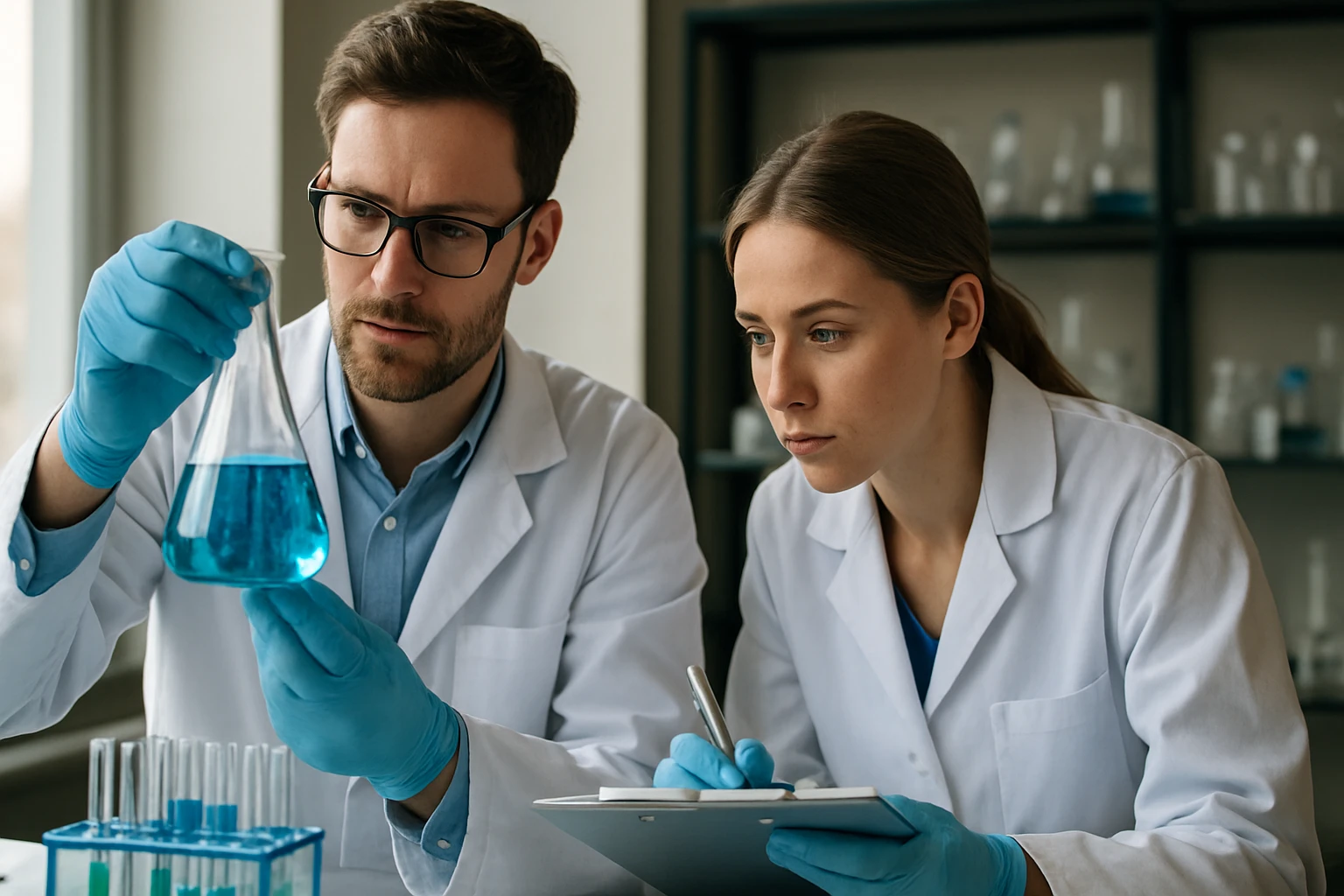 Két vegyész laboratóriumi munkát végez kémiai kísérlet során.