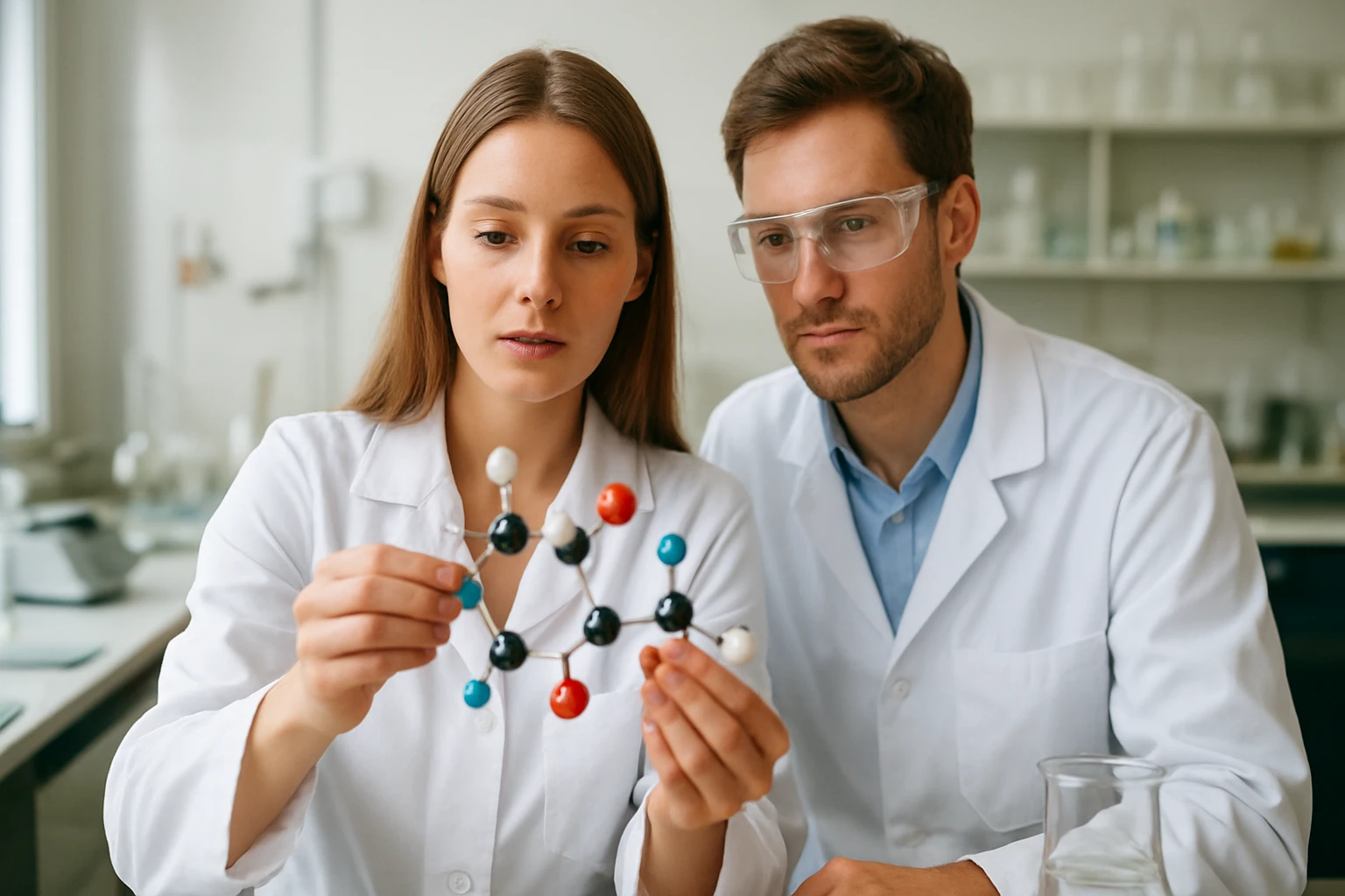 Kémiai szakemberek nitropenta molekula modelljét elemzik laboratóriumban.