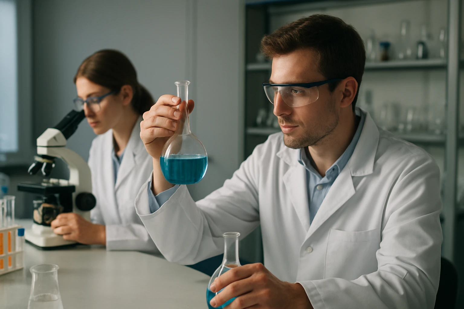 Két kémikus dolgozik egy laboratóriumban, miközben kémiai kísérleteket végeznek.