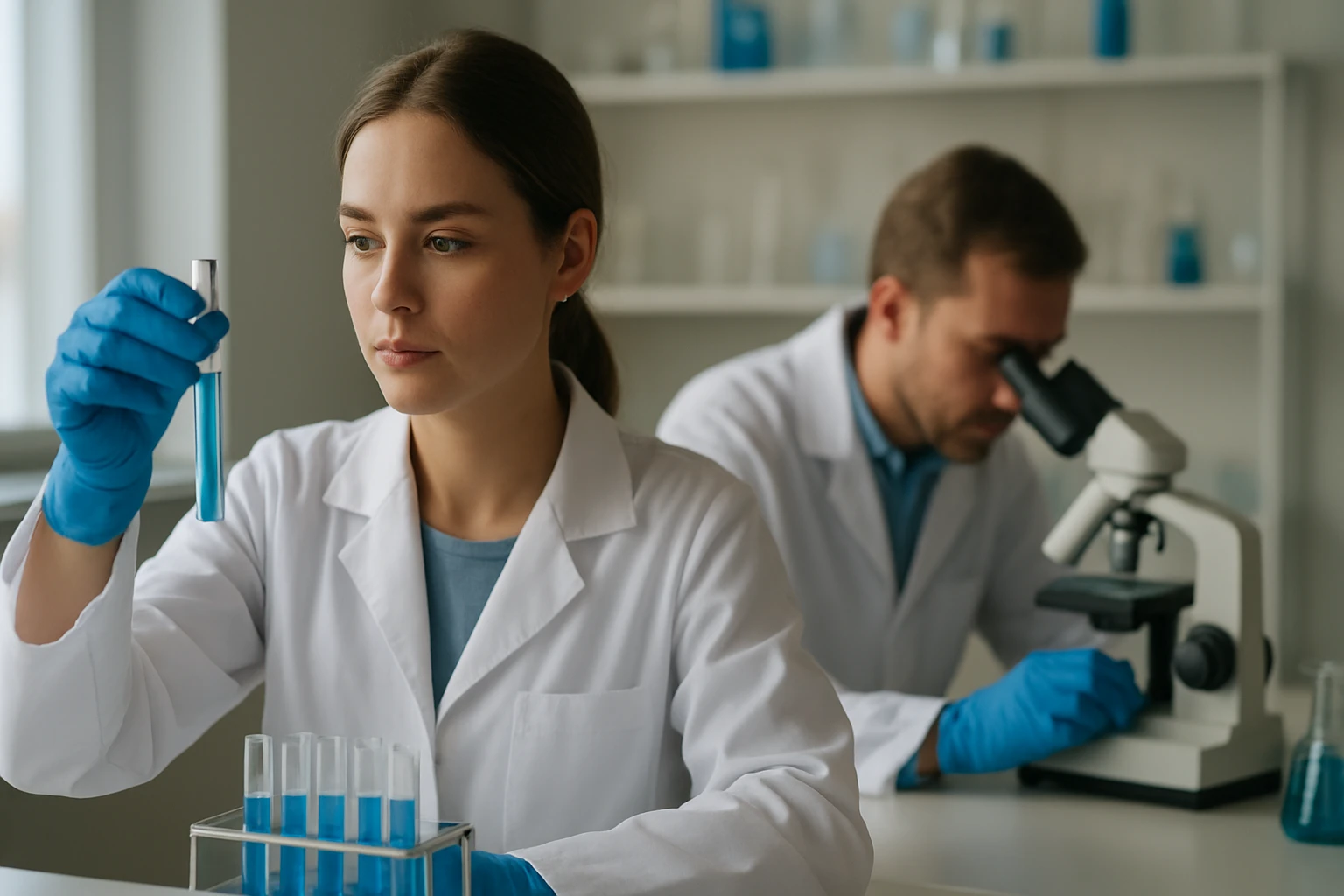 Két kutató laboratóriumban dolgozik, kénsav oldat mintát elemzik.