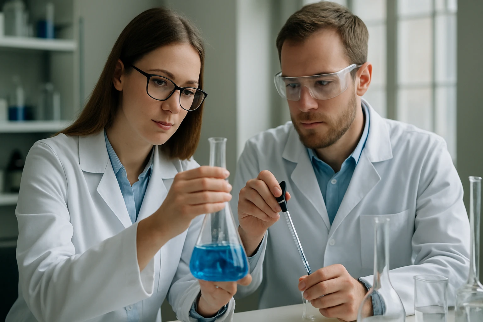 Két fiatal tudós laboratóriumban, kék folyadékot vizsgálnak