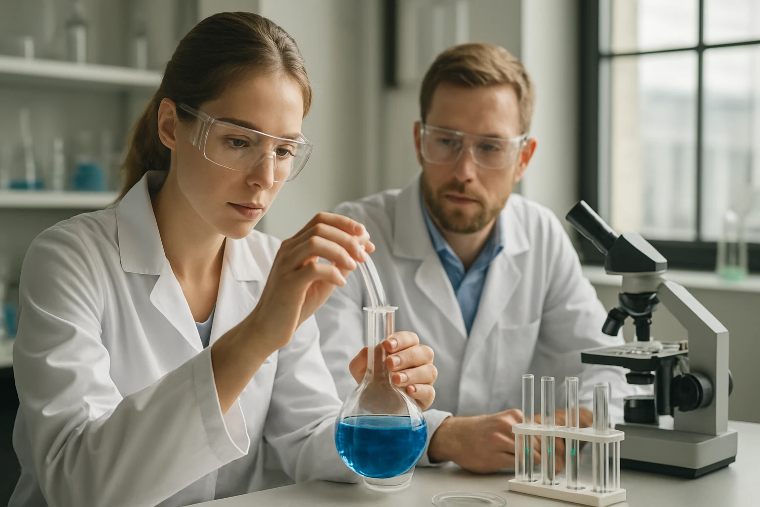 Két kutató laboratóriumban nukleofil reakciók tanulmányozásán dolgozik.