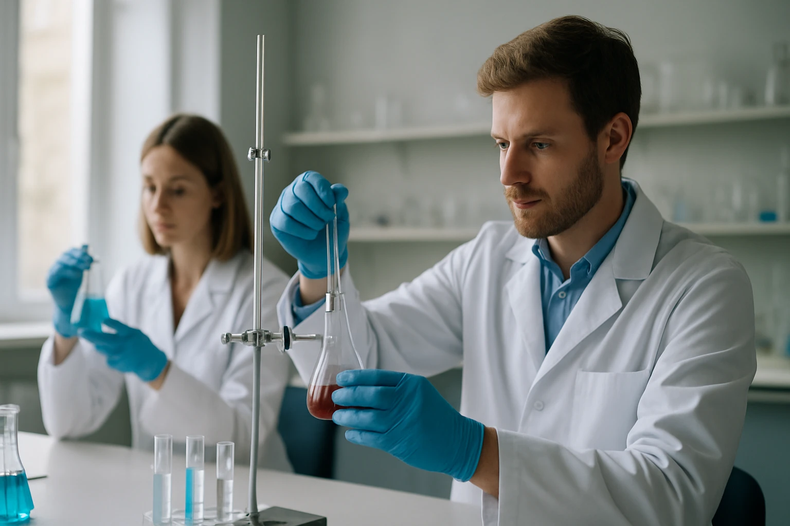 Laboratóriumi kísérletet végző tudósok