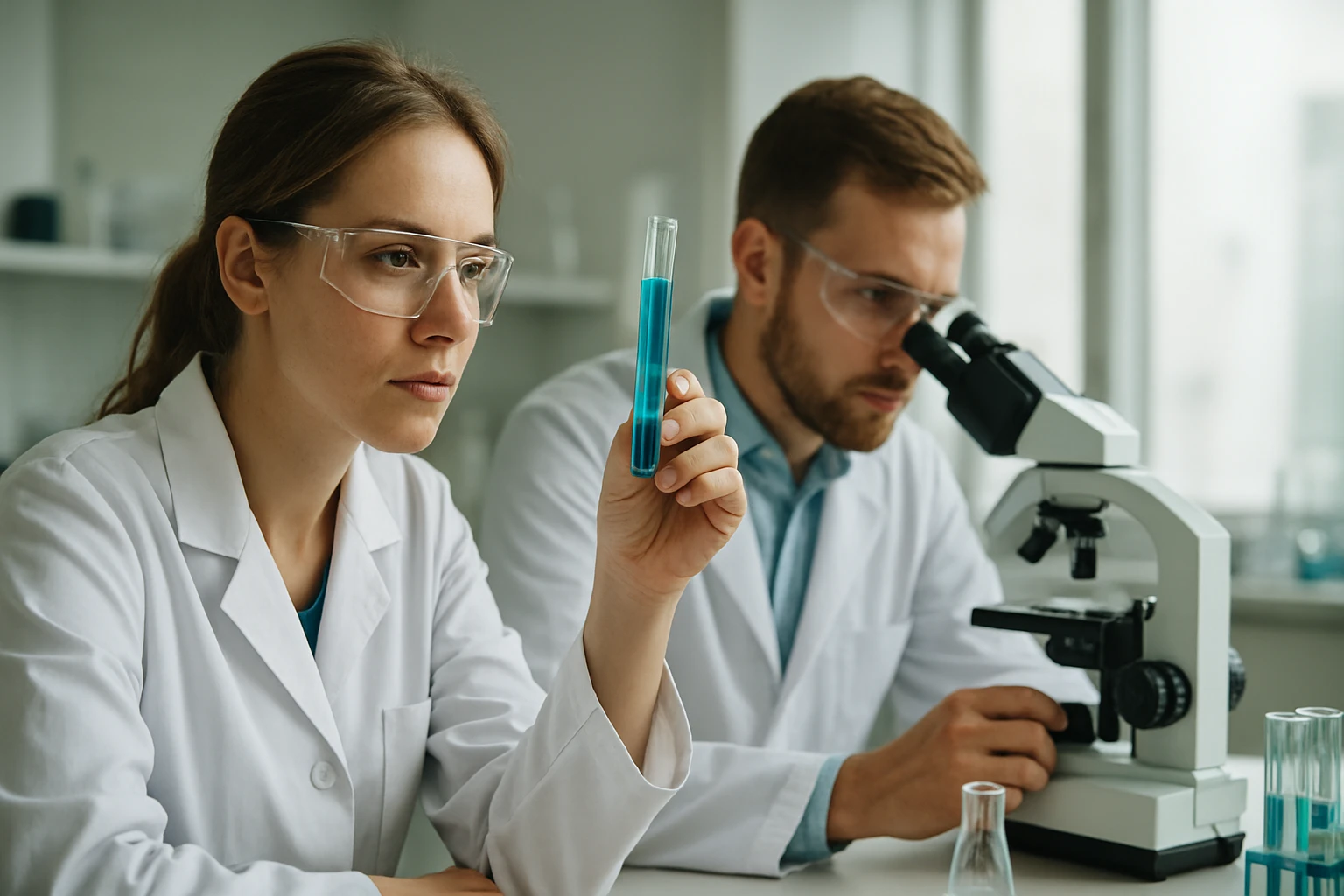 Két tudós laboratóriumban, vizsgálnak egy kémcsövet.