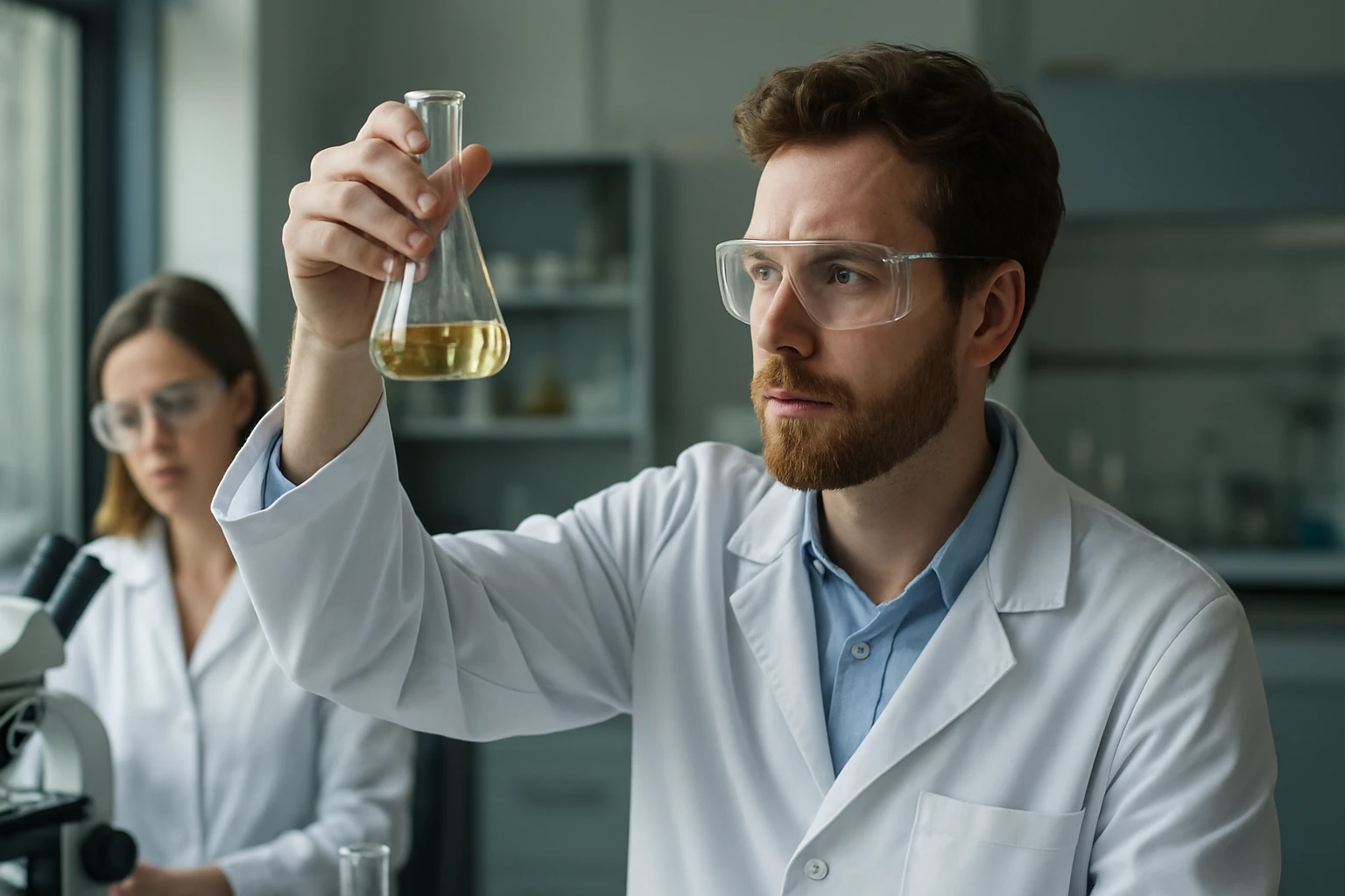 Oláh György: Ki volt ő és miért jelentős a munkássága? Kémiai kísérlet laboratóriumban, hol egy tudós egy folyadékot vizsgál.