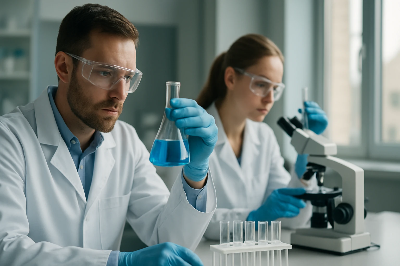 Az olaj képlete, tulajdonságai és ipari alkalmazásai Két kutató laboratóriumi kísérletezés közben, kémcsövekkel és mikroszkóppal.