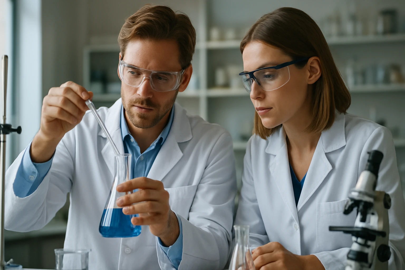 Két tudós oldatokkal kísérletezik laboratóriumban