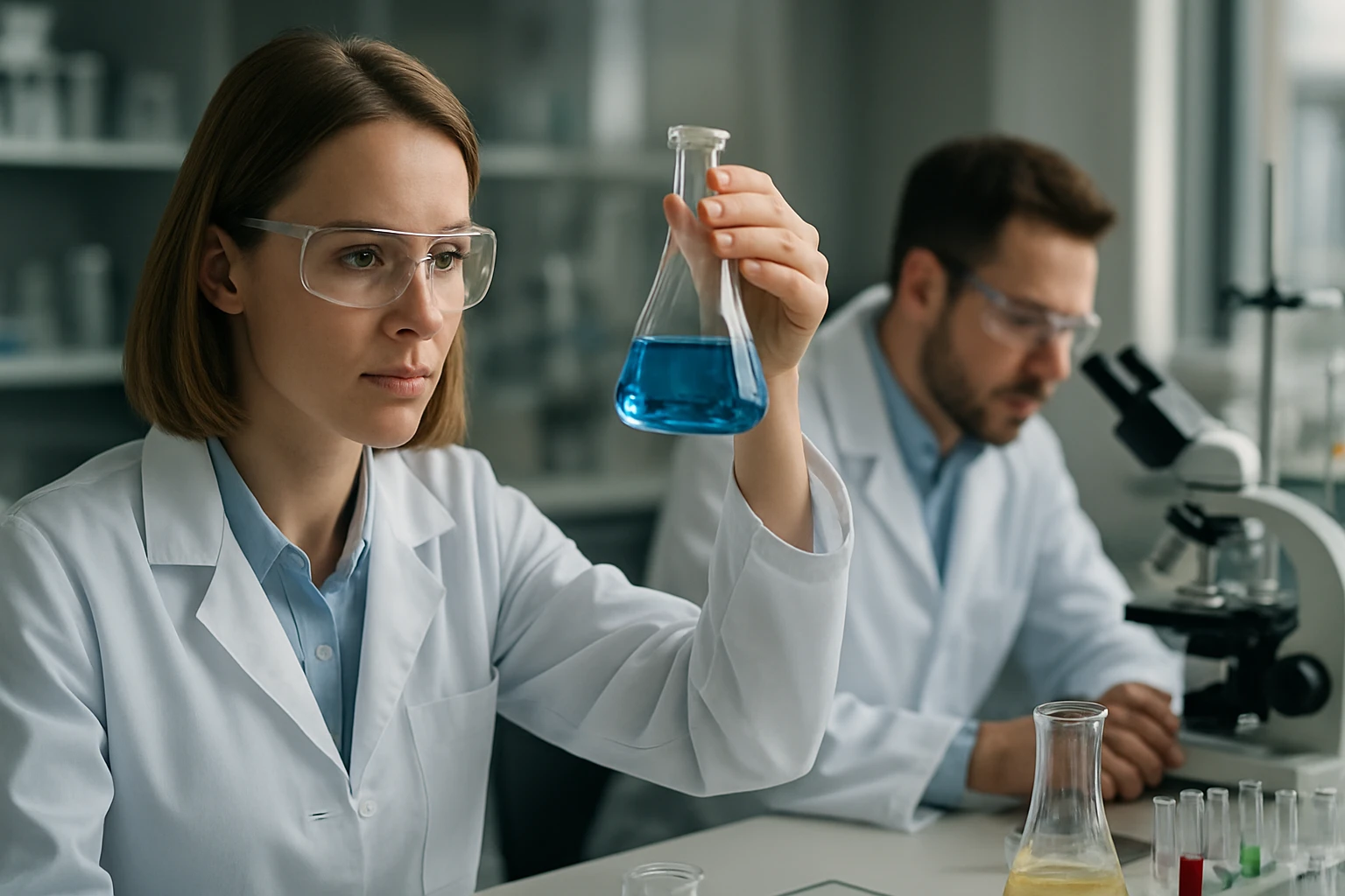 Kémiai laboratóriumban dolgozó kutatók oldószeres extrakcióval foglalkoznak.