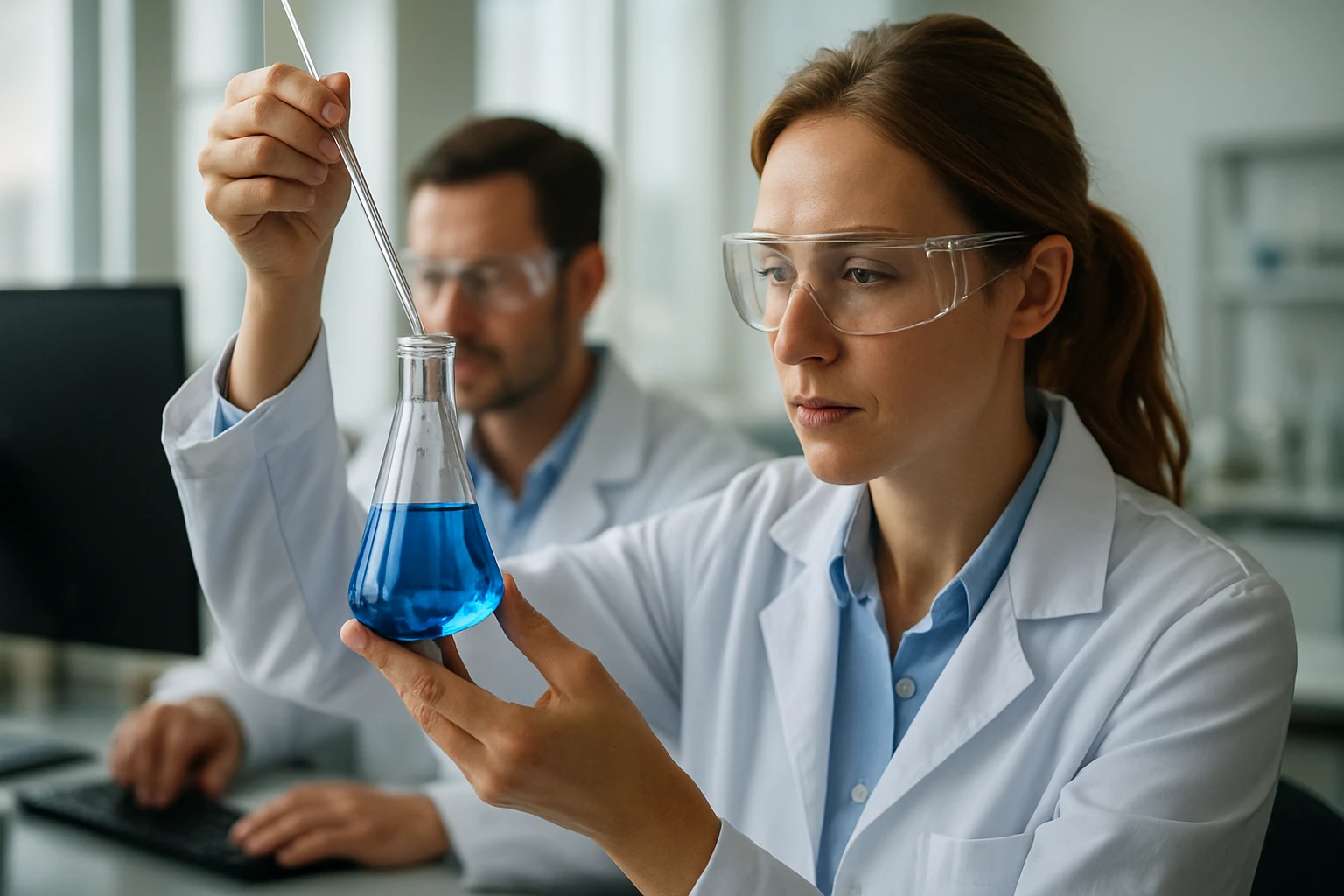 Az oldott anyag fogalma és jelentősége az oldatok világában Laboratóriumi kísérlet oldott anyag vizsgálatánál kék folyadékkal.