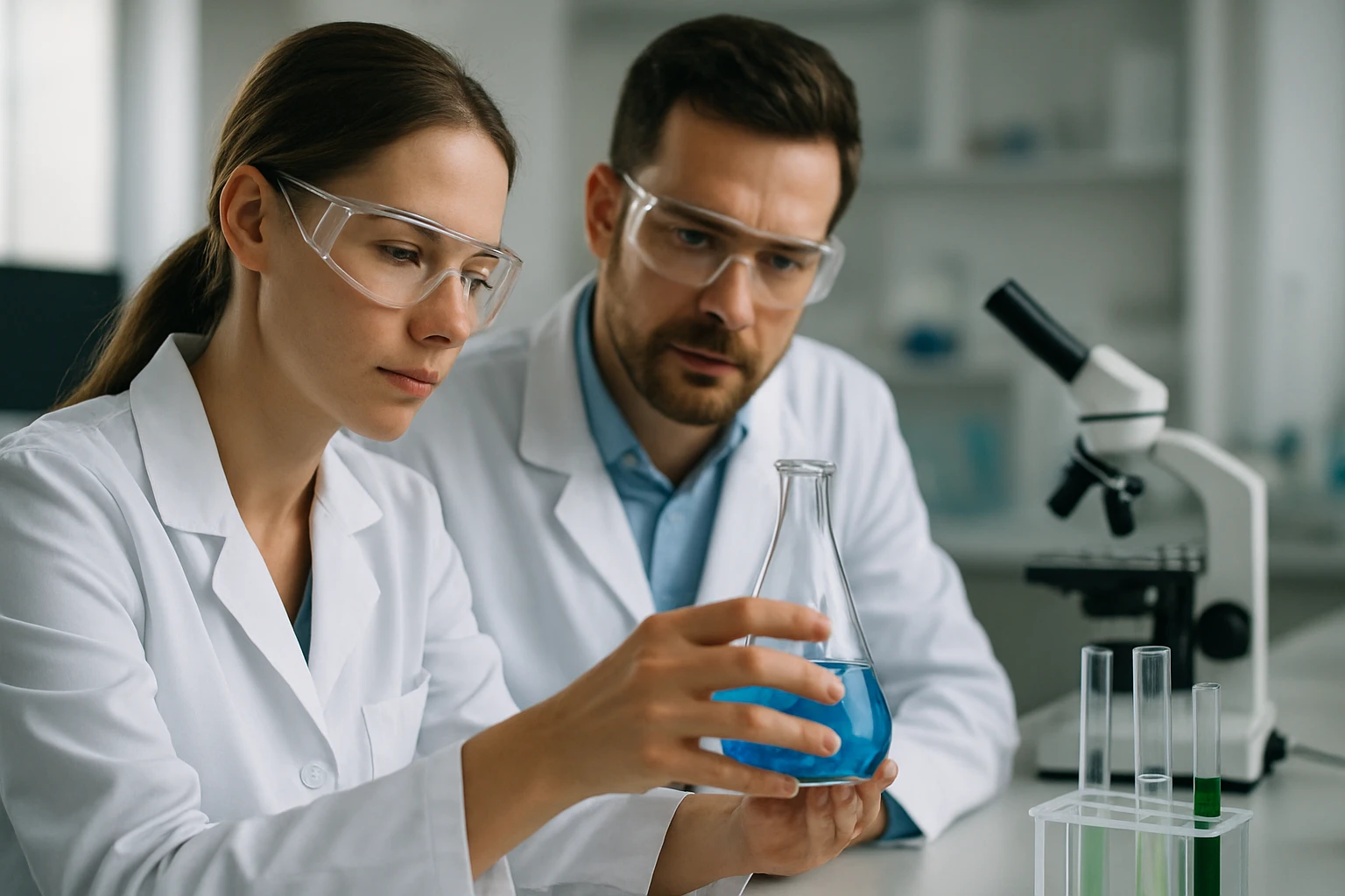 Két kémikus az olefinekről való kísérletet végez a laborban.