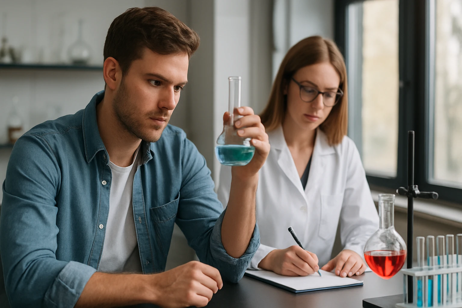 Az oleinsav képlete, jellemzői és egészségügyi előnyei Két kutató laboratóriumban, egyikük oleinsavat vizsgálva.