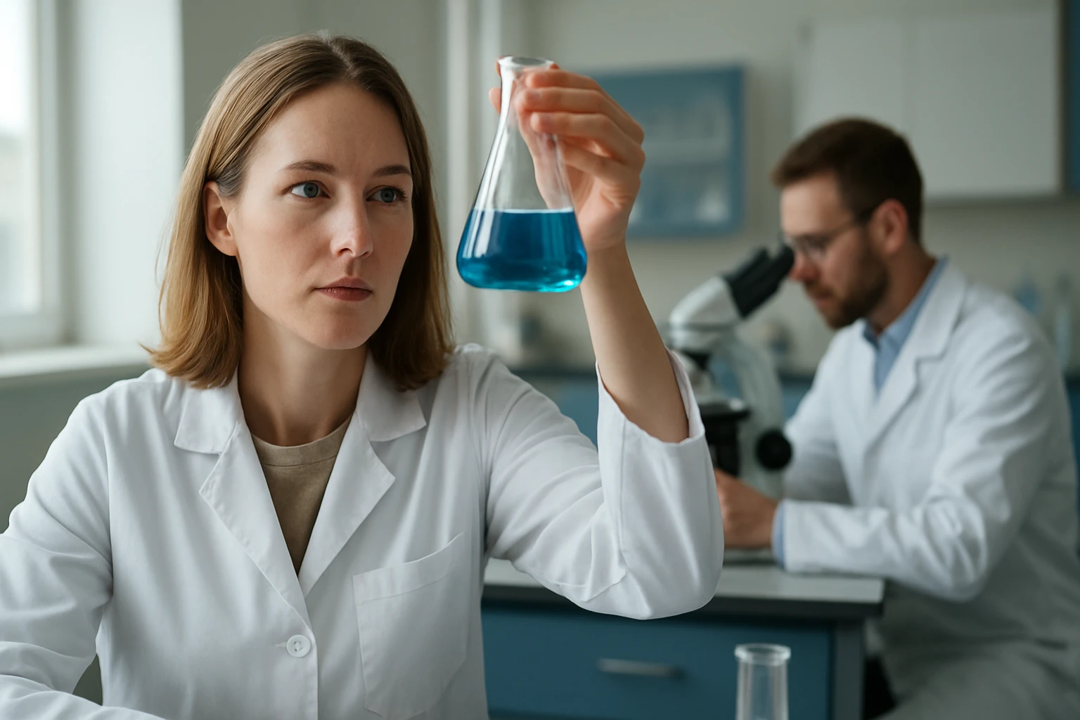 Kémikus laboratóriumban kék oldatot vizsgálva egy fiola segítségével.