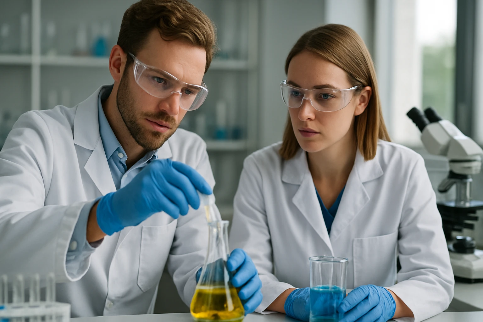 Két tudós laboratóriumban ólom-azid kísérletet végez