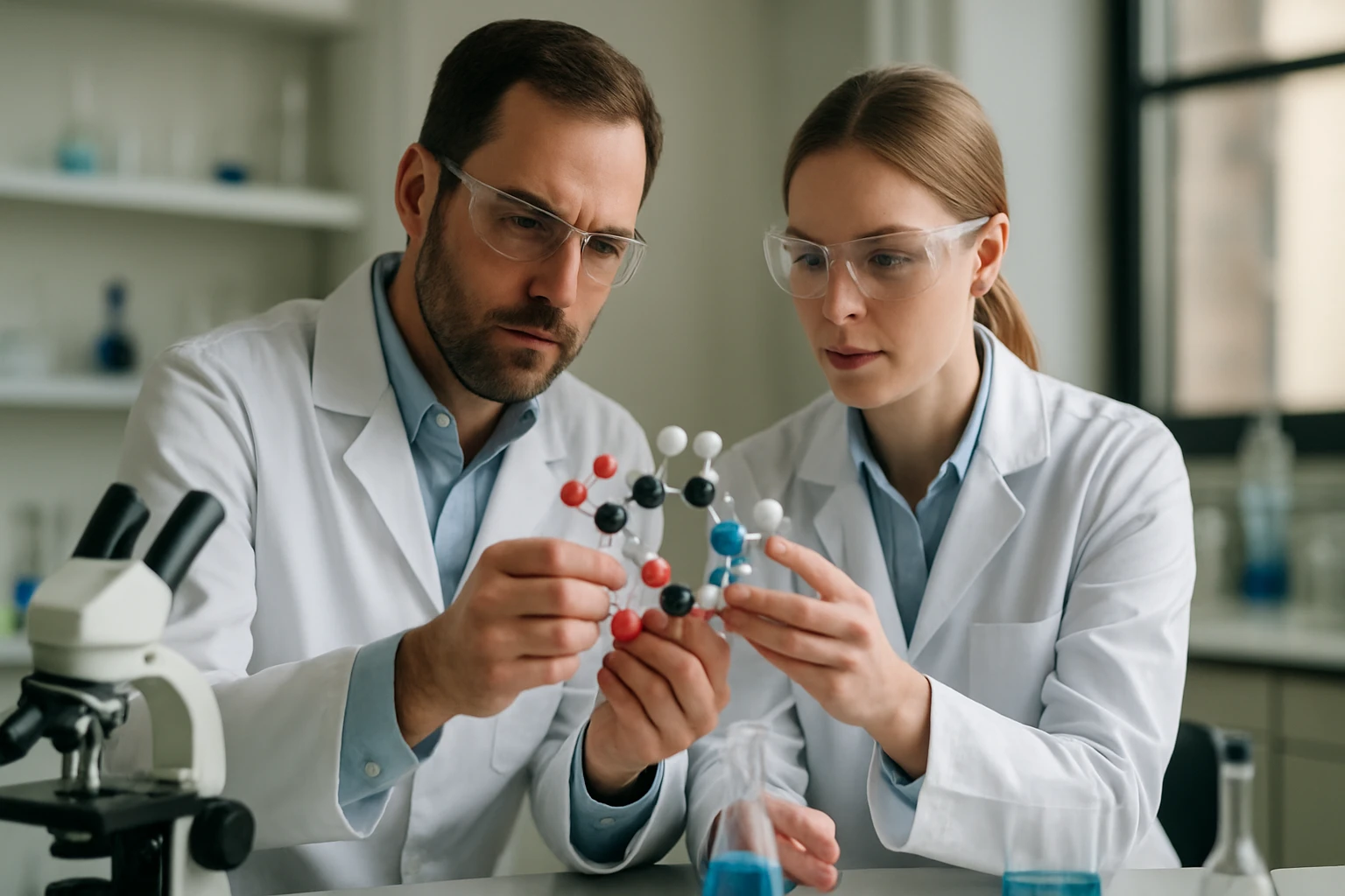 Ólom(IV)-etanoát: Képlet, tulajdonságok és reakciók bemutatása Két tudós laboratóriumban ólom(IV)-etanoát molekulát vizsgálva.