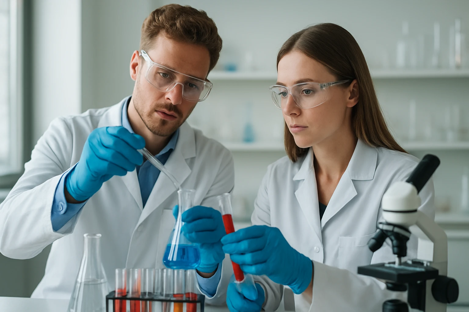 Két tudós laboratóriumban vizsgálja az ólom-kloro-vanadátot.