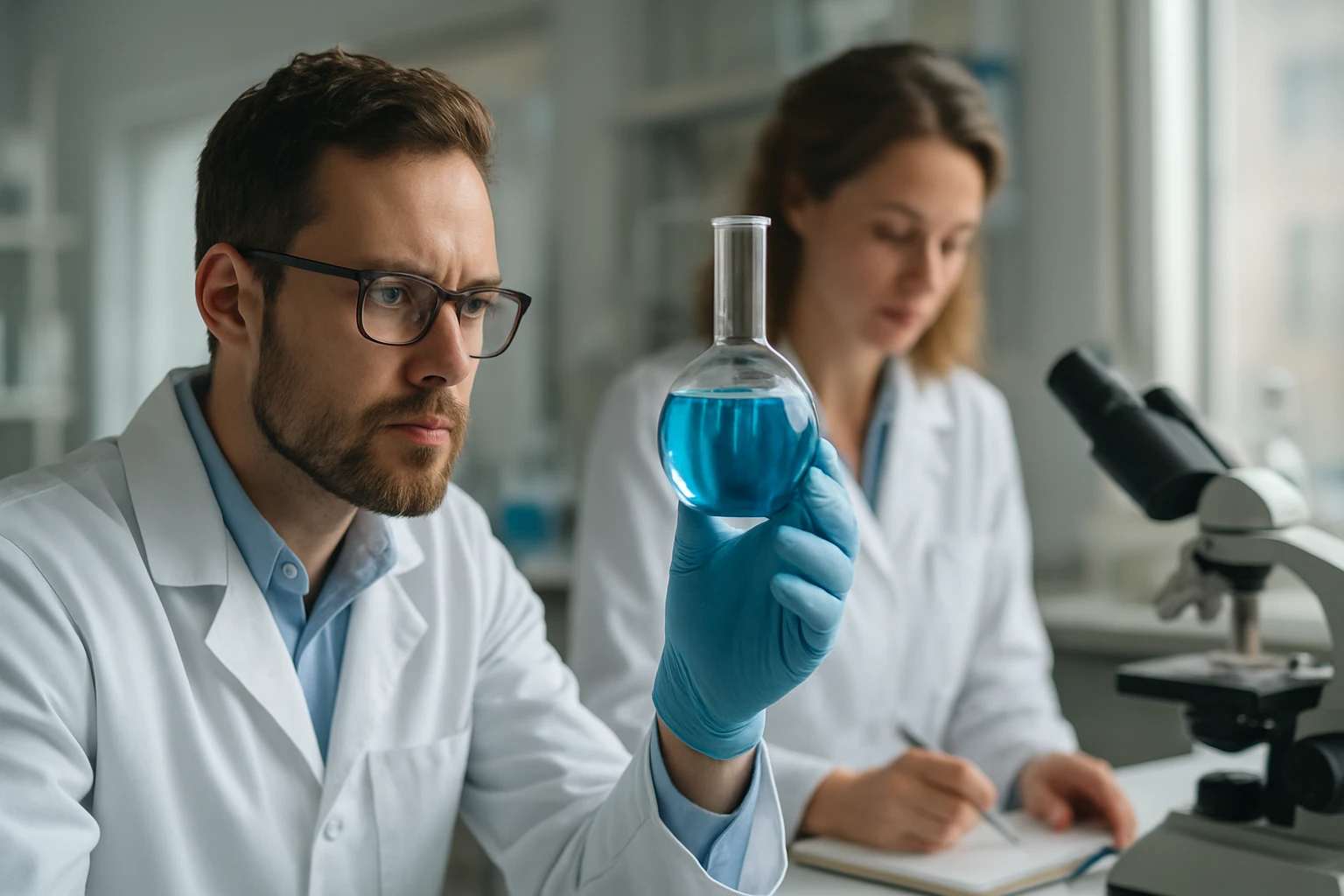 Két kutató laboratóriumban, ólom-monoxid vizsgálat közben.