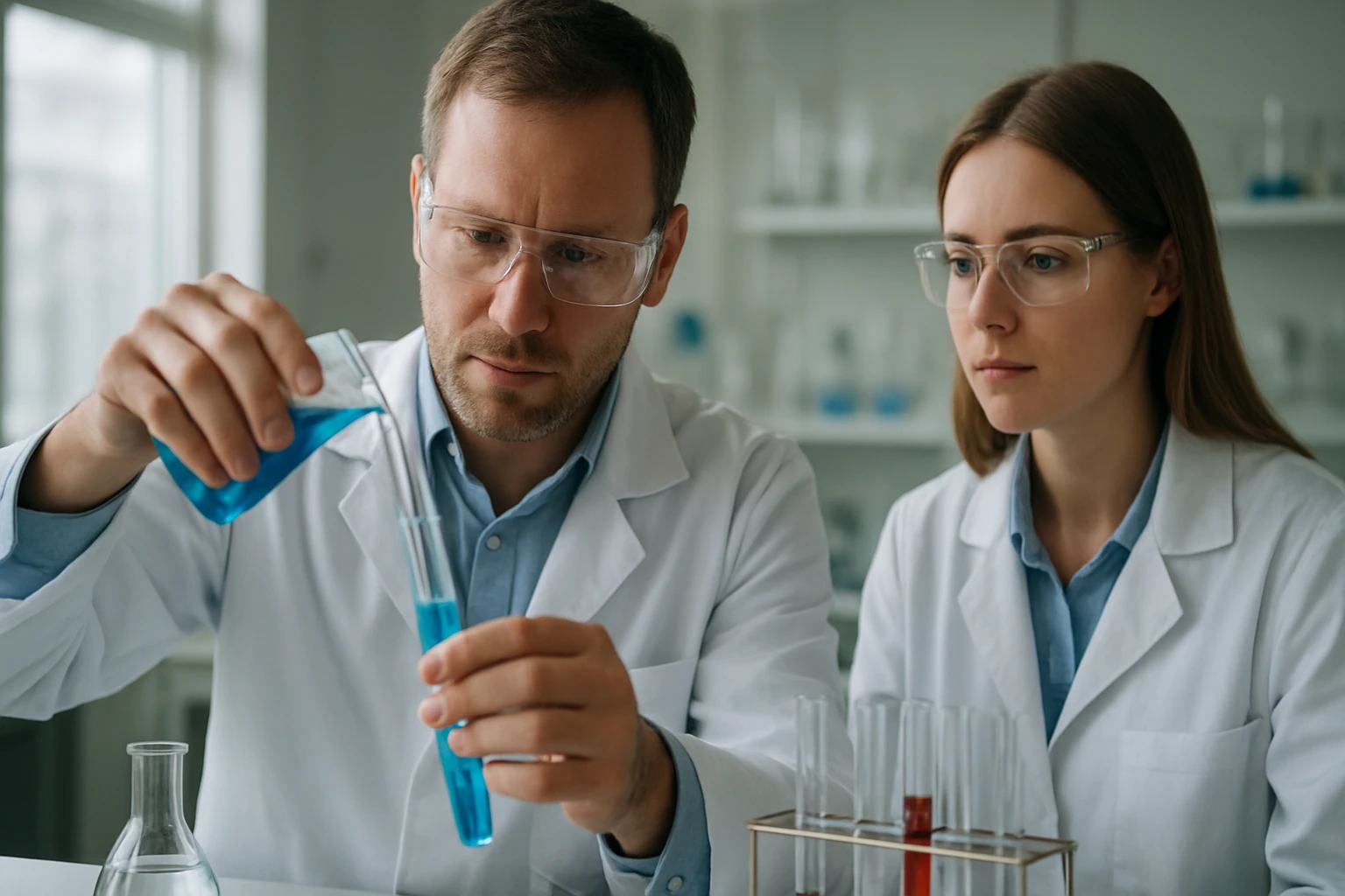 Két tudós ólomtartalmú üveget elemző laboratóriumban