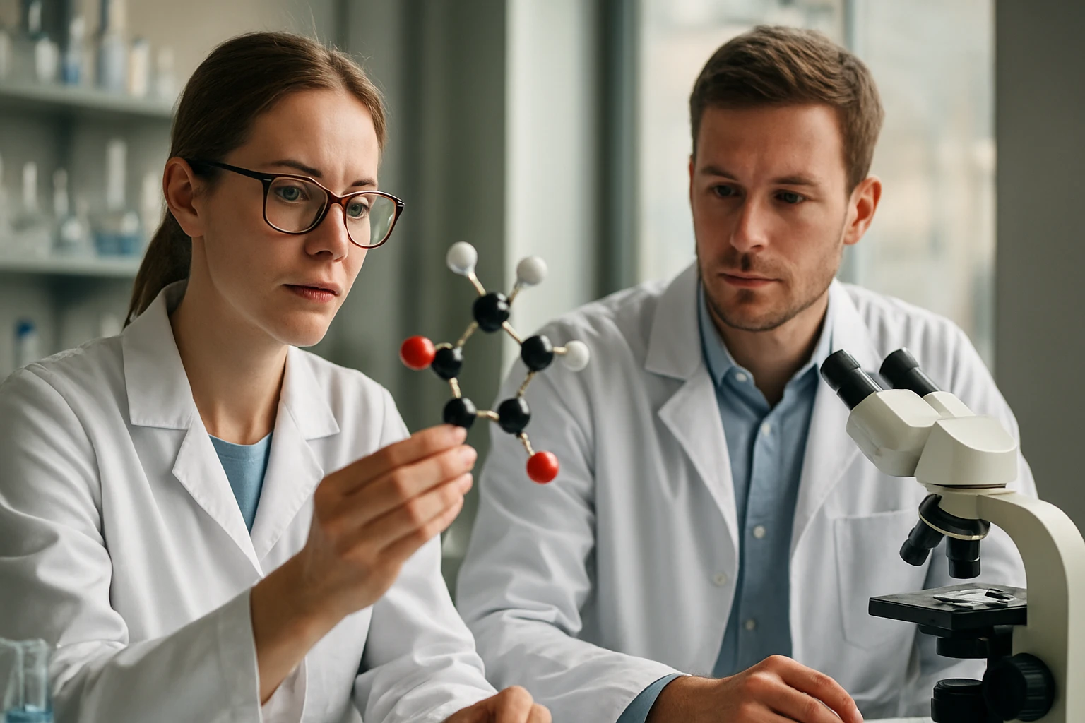 Két tudós ólomszulfát molekulát vizsgál egy laboratóriumban.