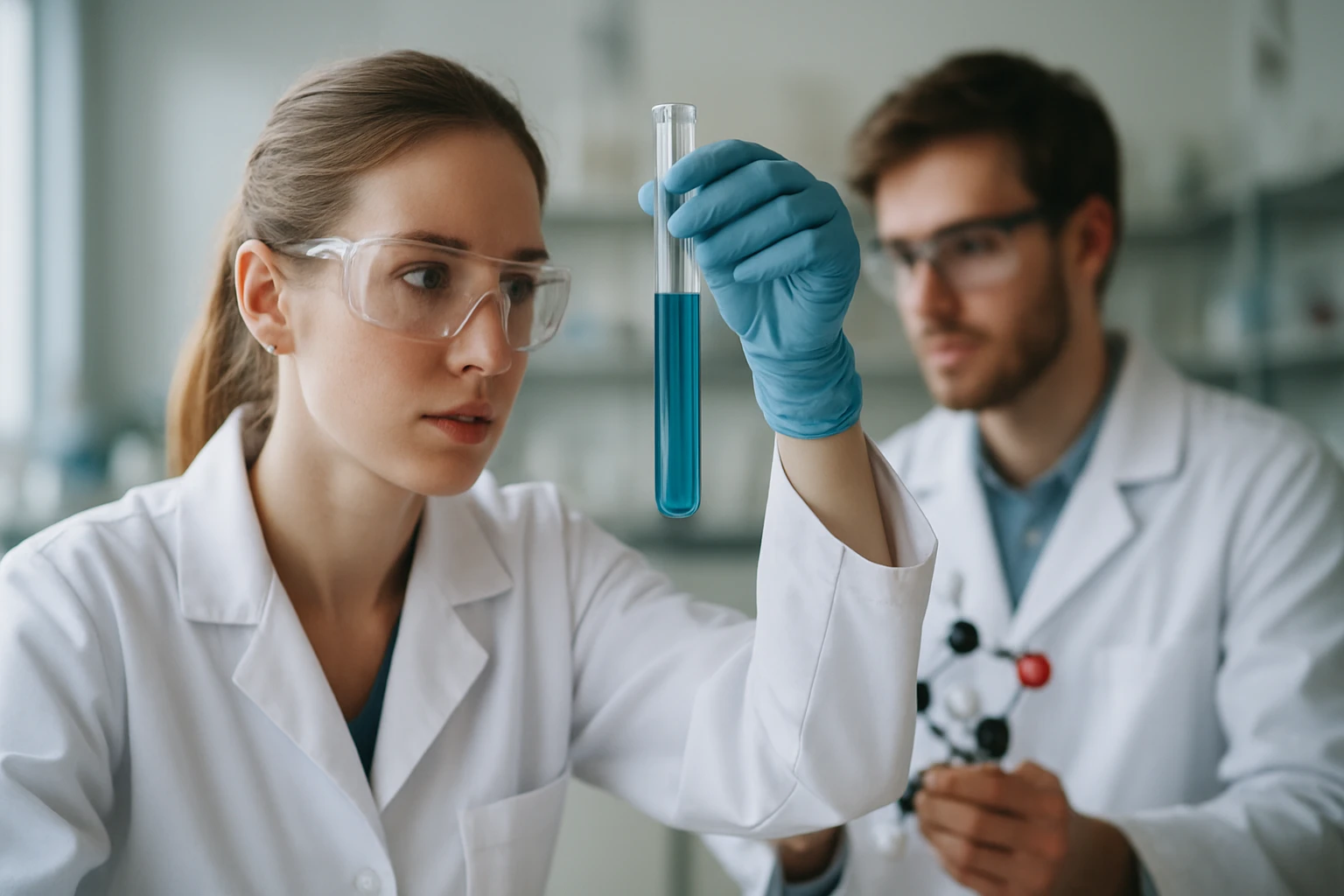 Kémikusok laboratóriumban, kék folyadékkal töltött kémcsövet vizsgálnak.