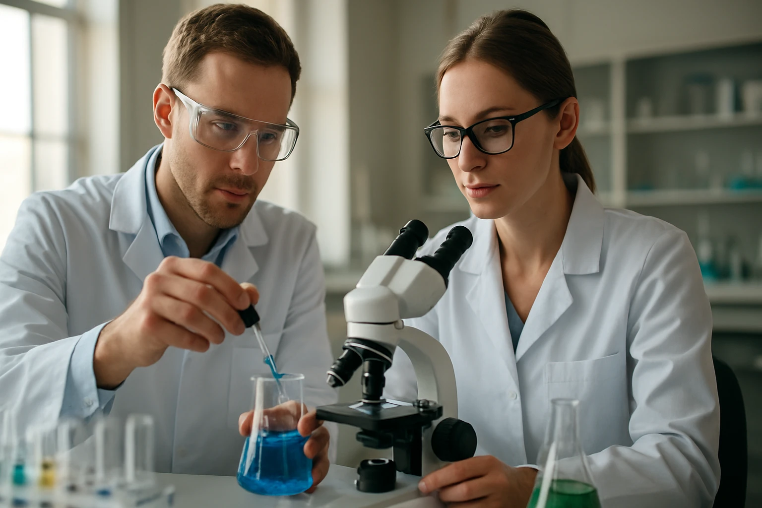 Két kutató laboratóriumban kémiai anyagokkal dolgozik.