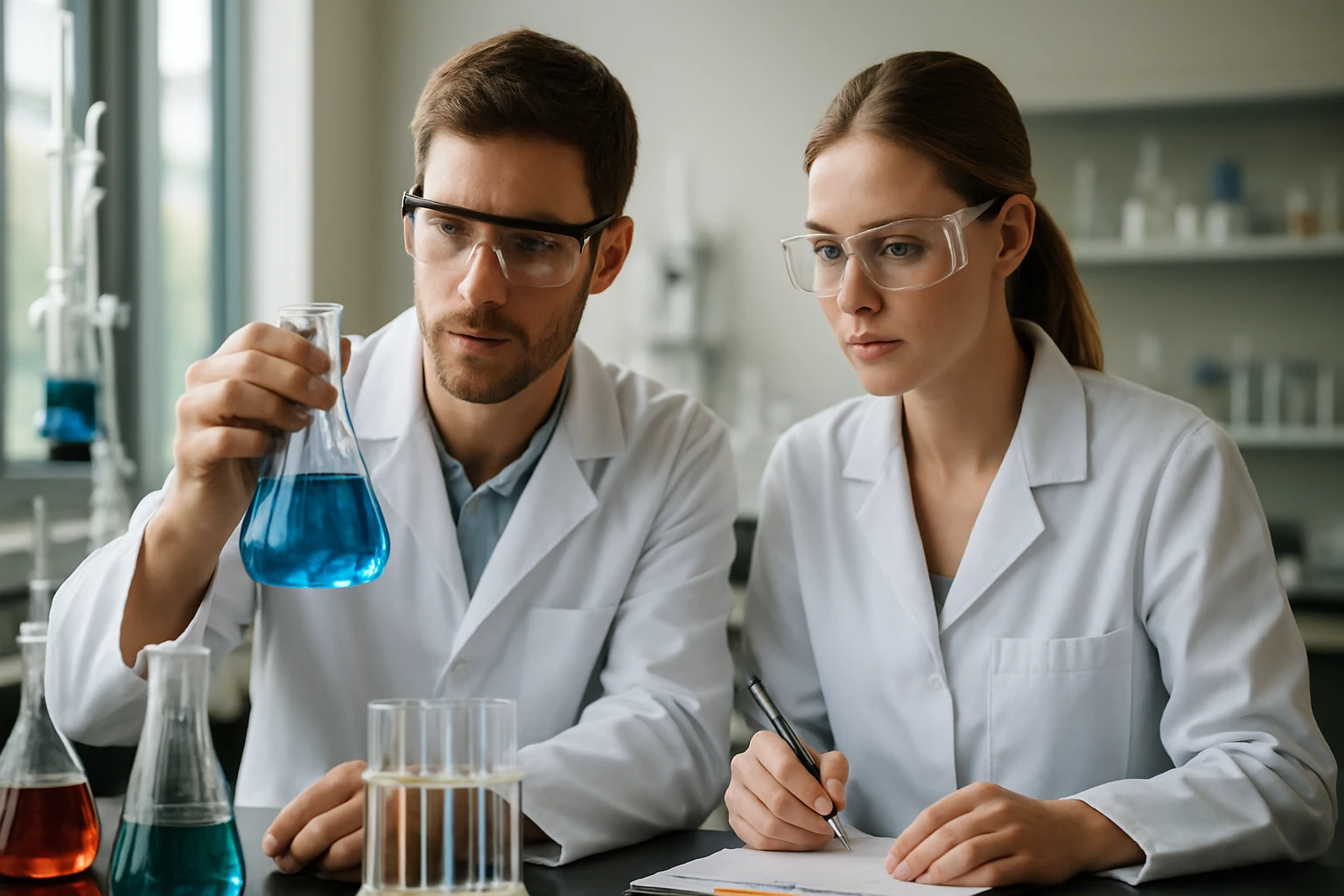 Két tudós laboratóriumban, különböző folyadékokat vizsgálnak.