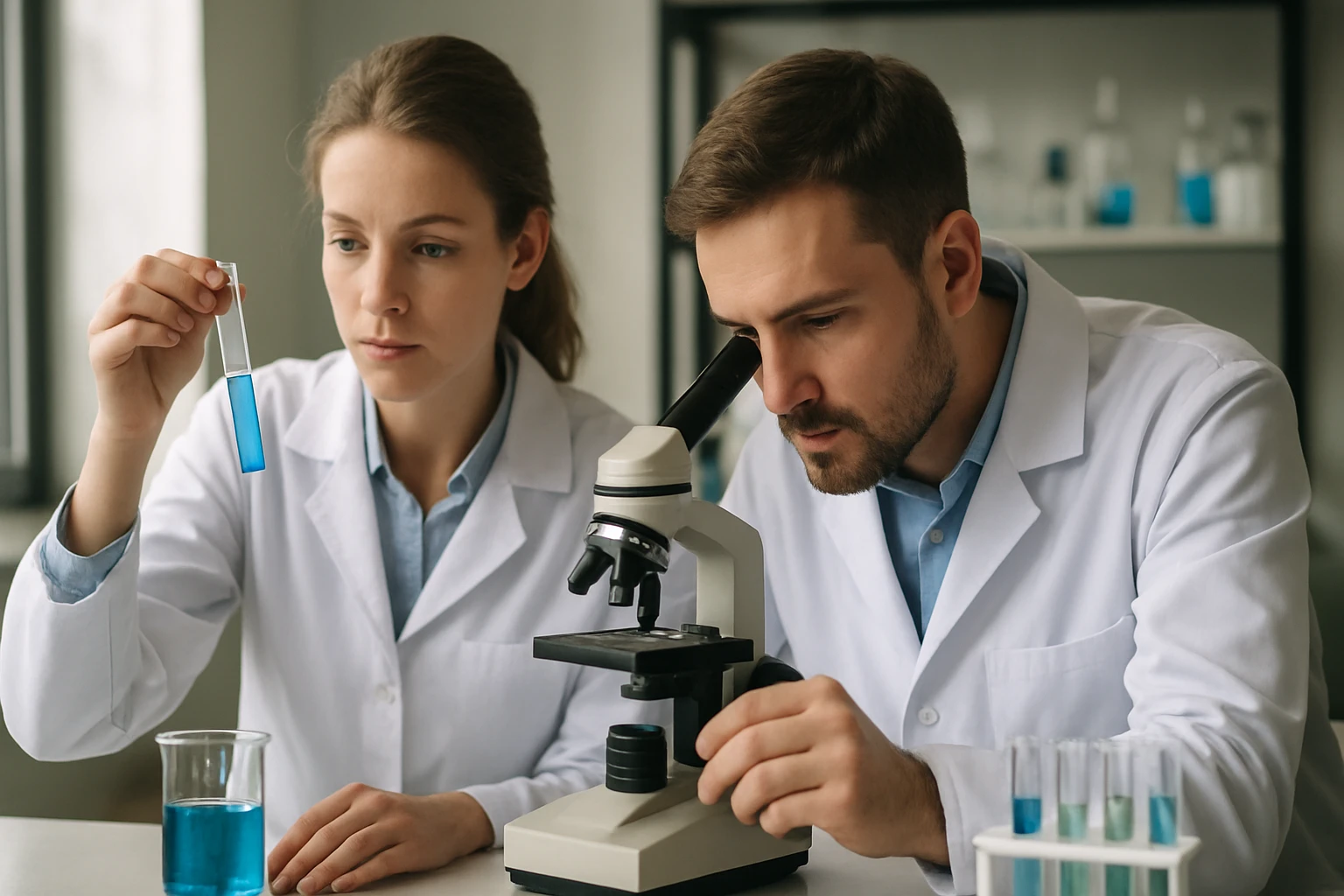 Két tudós laboratóriumban, kémcsövekkel és mikroszkóppal