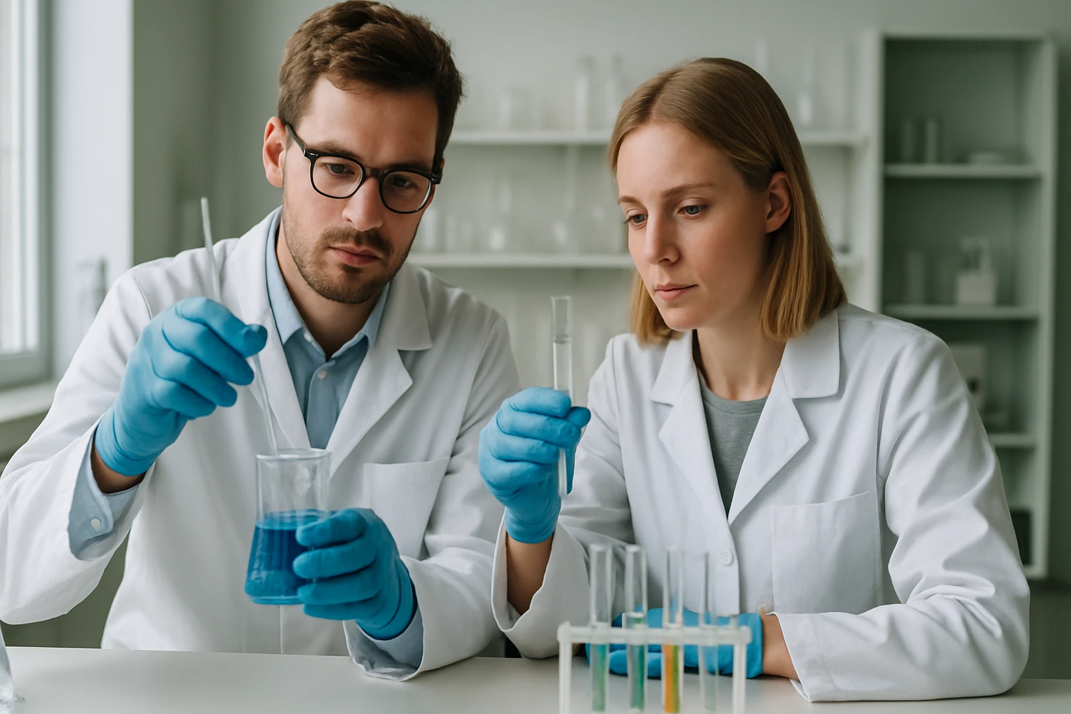 Két kutató kémiai kísérletet végez laboratóriumban