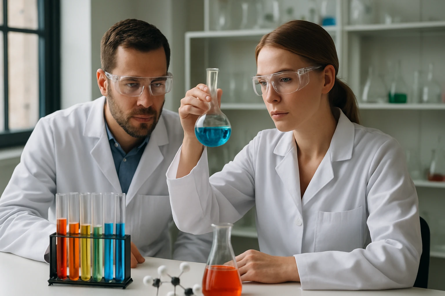 Két tudós laboratóriumban, miközben optikai aktivitást vizsgálnak.