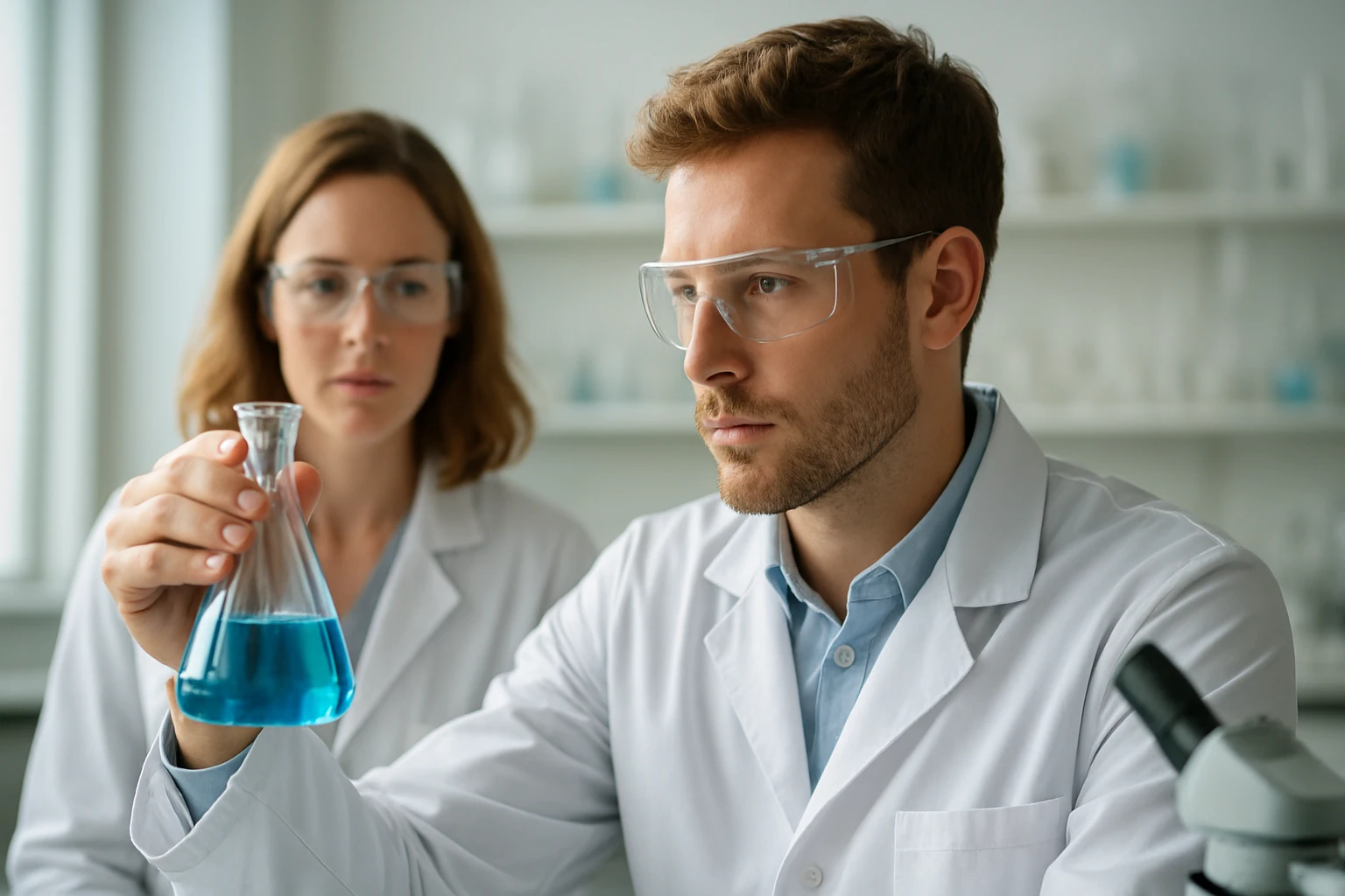 Kémiai laboratóriumban dolgozó tudósok egy kémcsővel