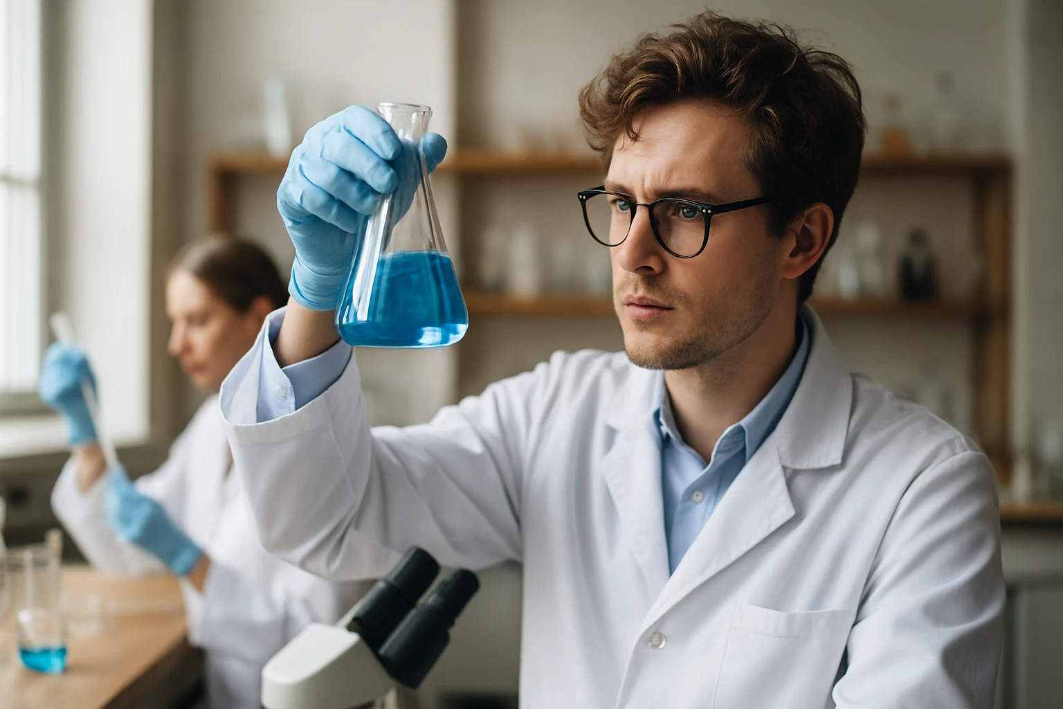 Kémikus kék folyadékkal végzi a kísérletet a laboratóriumban.