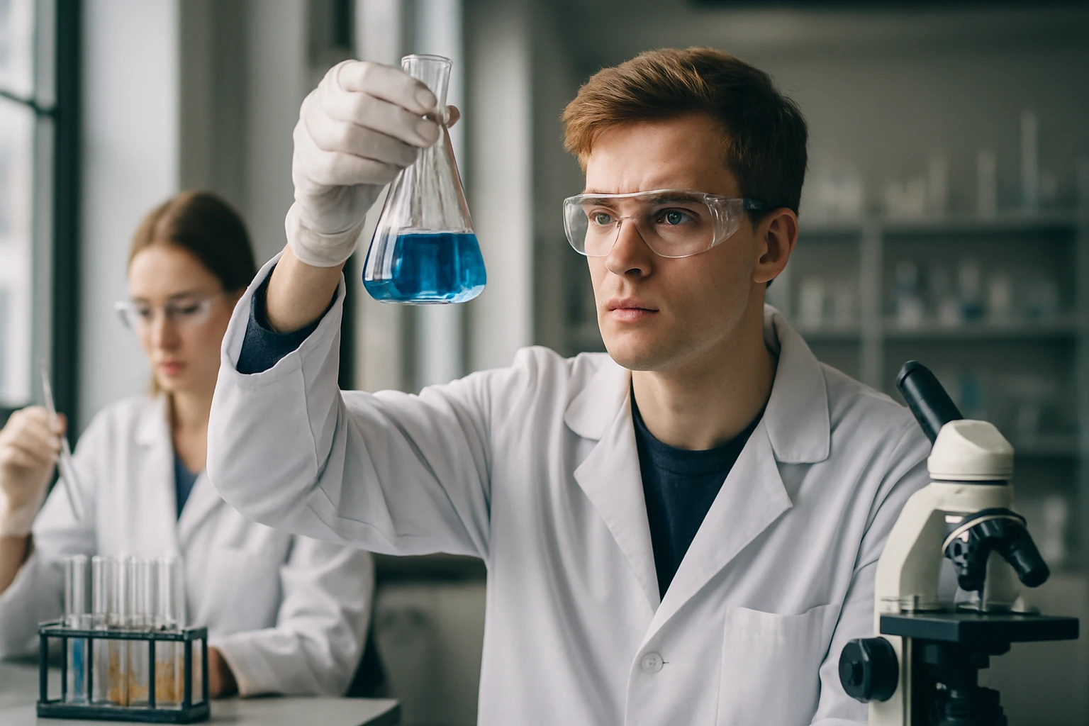 Fiatal kutató organokatalízis folyamatát tanulmányozza laboratóriumban.