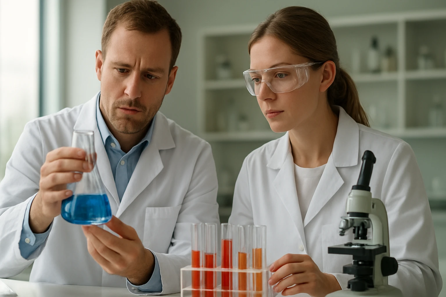 Két kutató laboratóriumban orto-vanádiumsavval végzett kísérletet mutat be.