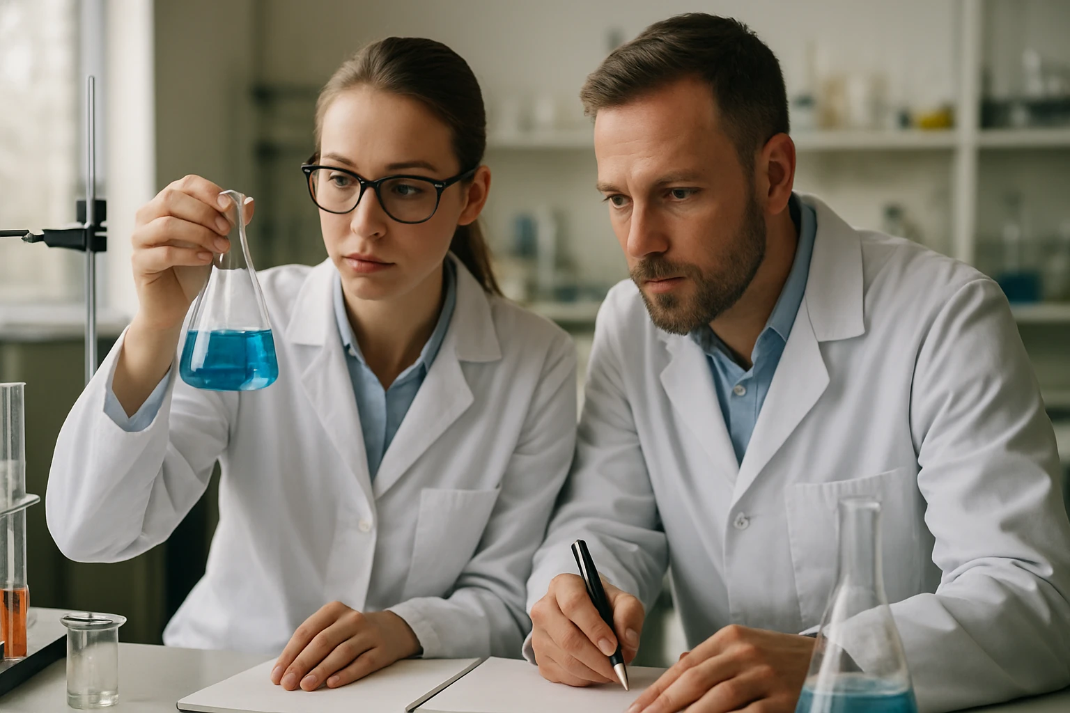 Két vegyész laboratóriumban, kék oldattal ellátott kémcsövet vizsgálva.