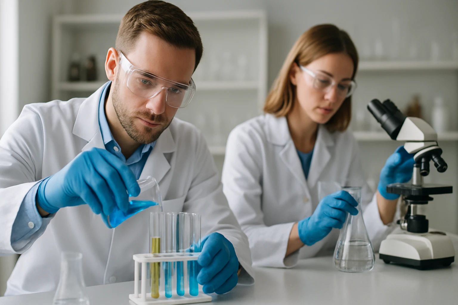 Két kutató laboratóriumban, kémiai oldatokkal dolgoznak.