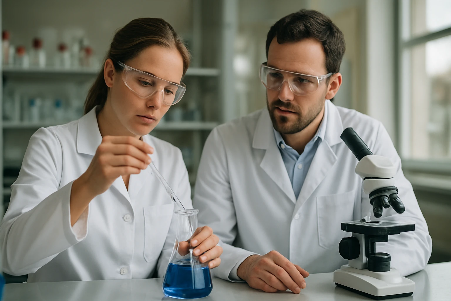 Két kutató laboratóriumi környezetben ötvözetek elemzésén dolgozik.