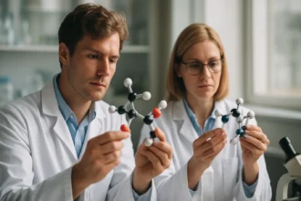 Két tudós merkaptán molekulákat elemez a laborban.