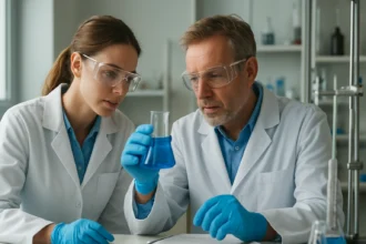 Két kutató egy kémcsőben lévő kék folyadékot vizsgál.