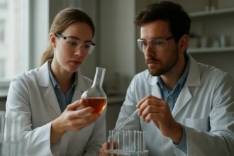 Két kémikus laboratóriumban, reaktív centrum elemzést végeznek.