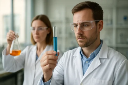 Tudósok kémiai vizsgálatot végeznek reaktív színezékekkel.