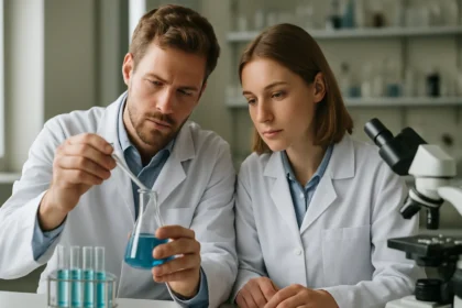 Két tudós laboratóriumi kísérletet végez, kristályokkal és rácshibákkal foglalkoznak.