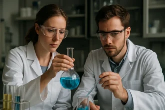 Két kutató laboratóriumban kémiai kísérletet végez