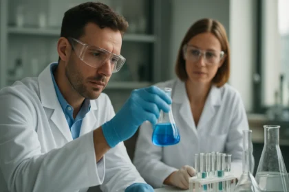 Két kutató a laboratóriumban redoxrendszerek vizsgálatán dolgozik.