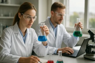 Két tudós laboratóriumban, redukciós reakciókkal foglalkozva.