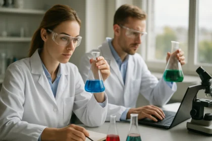 Két tudós laboratóriumban, redukciós reakciókkal foglalkozva.