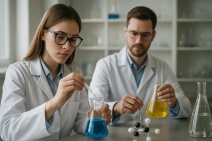 Két fiatal tudós laboratóriumban végzi a kémiai kísérleteket.