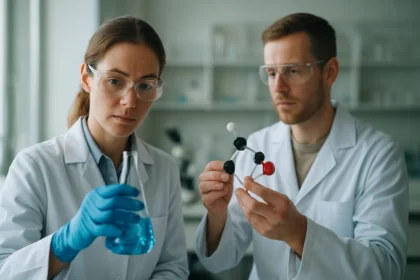 Két tudós laboratóriumban kőolajipari folyamatokat elemezve.