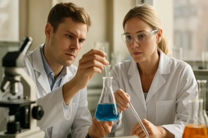 Laborexperiment a frakcionált desztilláció során kémikusok által.