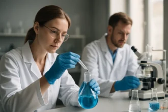 Kémikus laboratóriumban, relatív atomtömeg számításon dolgozik.