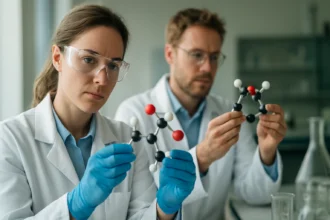 Kémikusok atommodelleket elemeznek laboratóriumban